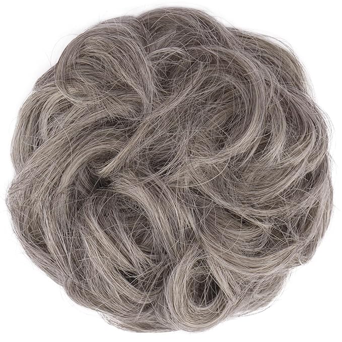FESHFEN Messy Bun Hair Piece - Elastic Wavy Curly Hair Bun Scrunchies Extensions Synthetic Chignon Hairpieces for Women Girls, Salt and Pepper 1.5 oz