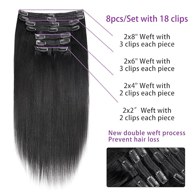 18 Inch Yaki-Straight Clip in Hair Extensions Real Human Hair Affordable Yaki Straight Clip in Human Hair Extensions Brazilian Virgin Hair clip on Hair 18Clips Per Set 120G