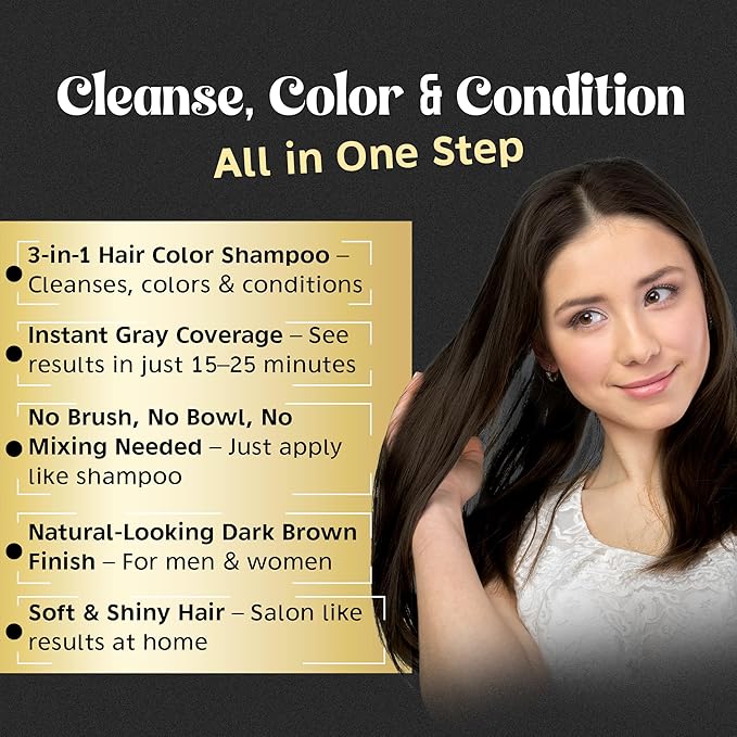 Herbishh Hair Color Shampoo - Magic Dye for Gray Hair, Lasting Color in Minutes - 500 Ml, 3-In-1, Ammonia-Free (Dark Brown)