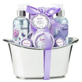 Aromatherapy Essentials Spa Set for Women in Large Silver Tub Bath Set Includes 2 Bath Bombs, Body Lotion, Bath Salts, Shower Gel, and Bubble Bath (Lavender)