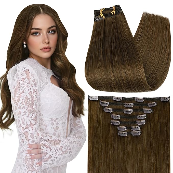 Full Shine Real Hair Extensions Clip in Human Hair Brown Clip in Extensions Light Brown Hair Extensions Real Human Hair Soft Straight 20 Inch 7 Pcs 120 G