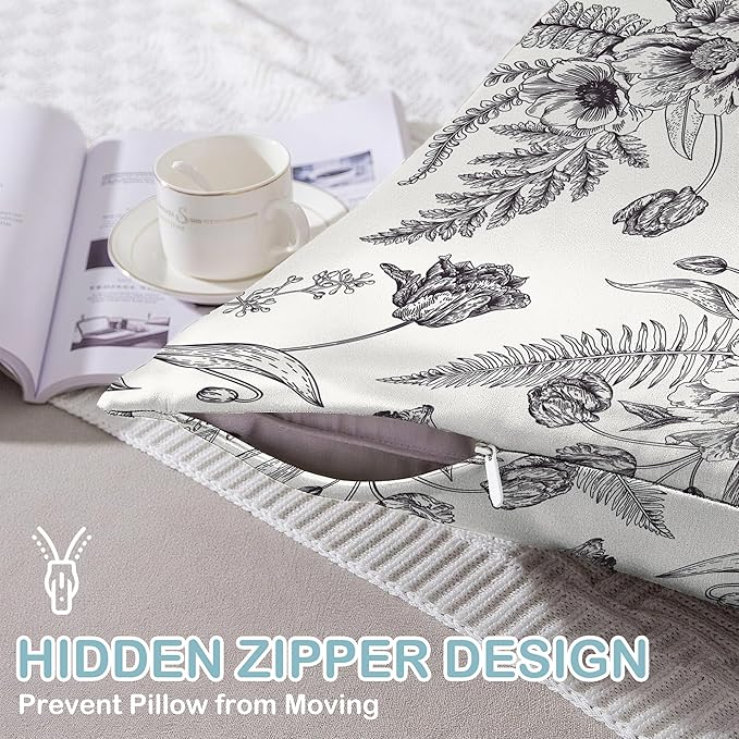 Satin Pillowcase 1 Pack-Black and White Peony Tulips Vintage Floral Silky Pillow Cover for Hair and Skin,Standard Size 20x26 Inch Soft Cooling Printed Pillow Cases with Hidden Zipper
