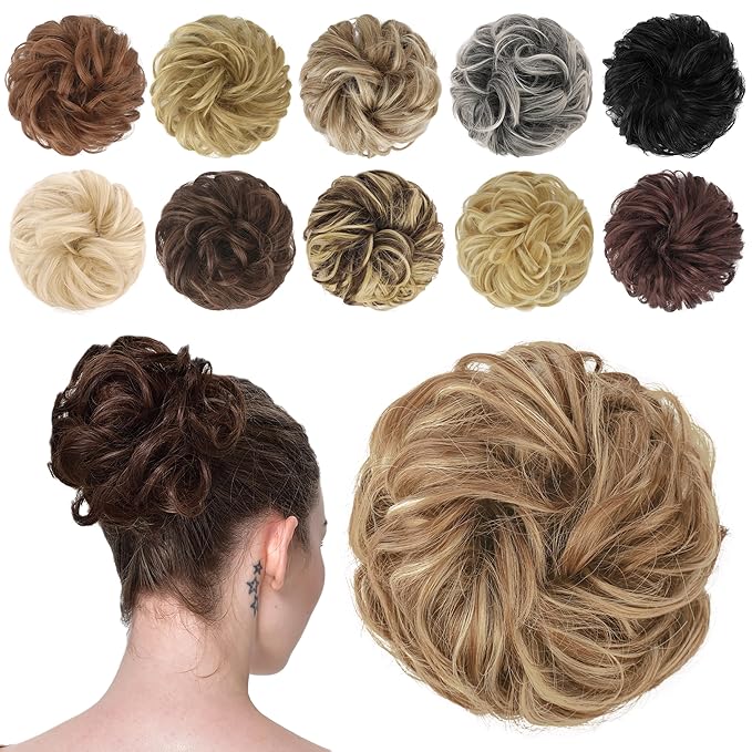 FESHFEN Messy Bun Hair Piece - Elastic Wavy Curly Hair Bun Scrunchies Extensions Synthetic Chignon Hairpieces for Women, Light Brown & Mixed Blonde 1.5 oz