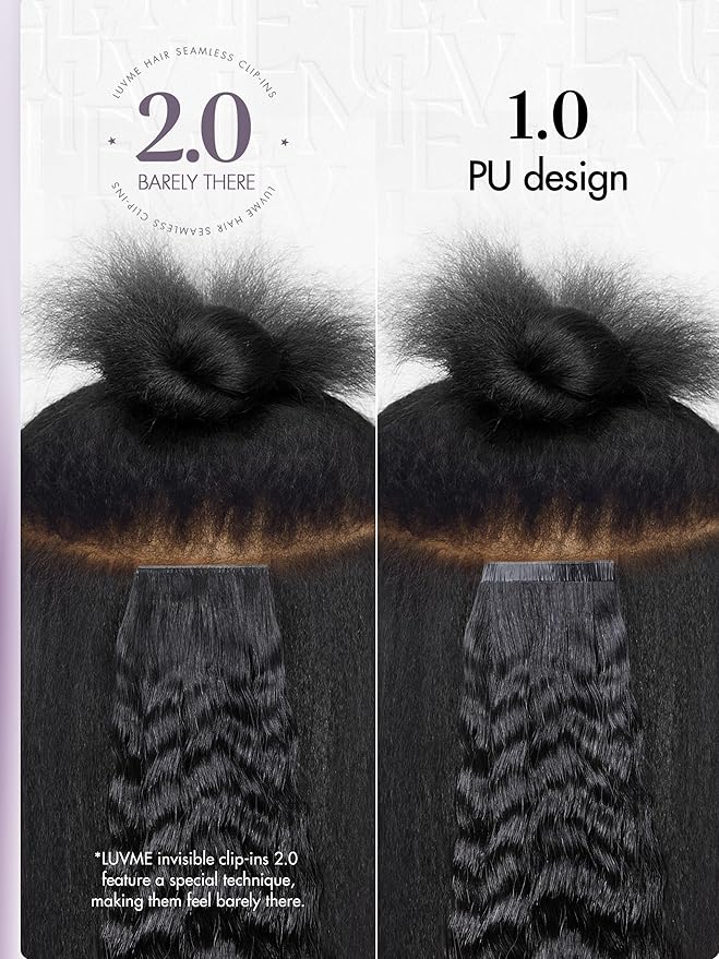 LUVME Invisible Clip in Hair Extensions, Kinky Straight Real Human Hair Remy Hair Clip ins for Women, Natural Human Hair, 14 inch 110g 7Pcs, Natural Black