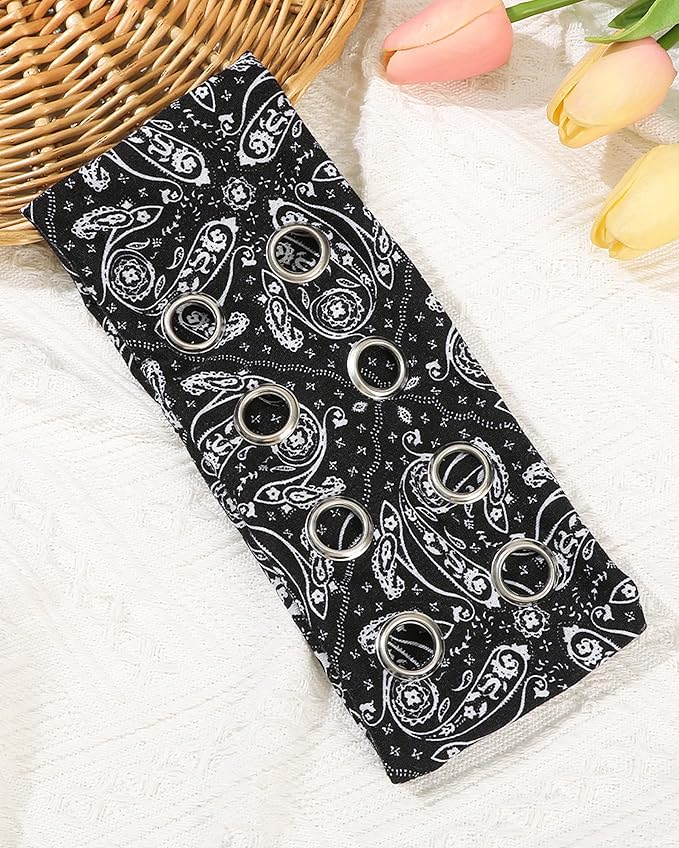 Grommet Headband for Women, Black Paisley 23cm Hollow Out Elastic Hair Band, Eyelets Punk Grunge Stylish Hairband