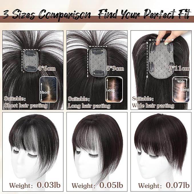 Hair Toppers for Women Real Human Hair - 360° Coverage Brown Black Clip In Topper with Bangs for Thinning Hair Upgraded 4×6 cm Silk Base Ideal for Everyday Use