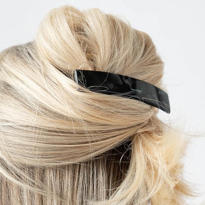 Black Hair Barrette for Thin Hair, Classic Rectangle French Barrette for Women, Lightweight and Comfortable, Strong Hold, Nacro Black | France Luxe