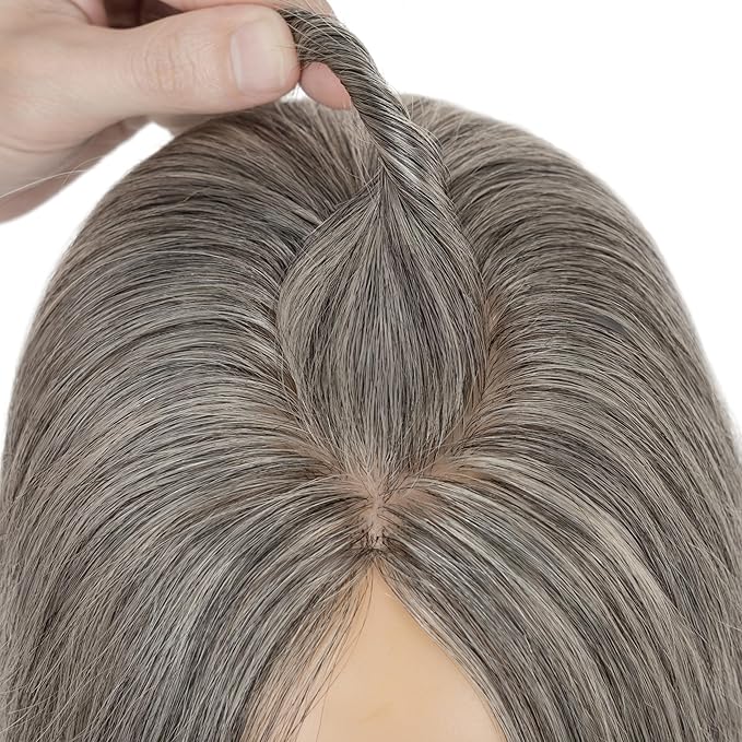 Hairro Human Hair Toppers Free Parted, 3.5x4.7" Base Hand-wovened 100% Real Hairpieces, with Invisible Clips-in for Women, for High Hairline/Adding Volume on Top, 12 Inch Dark Grey Mix Silver