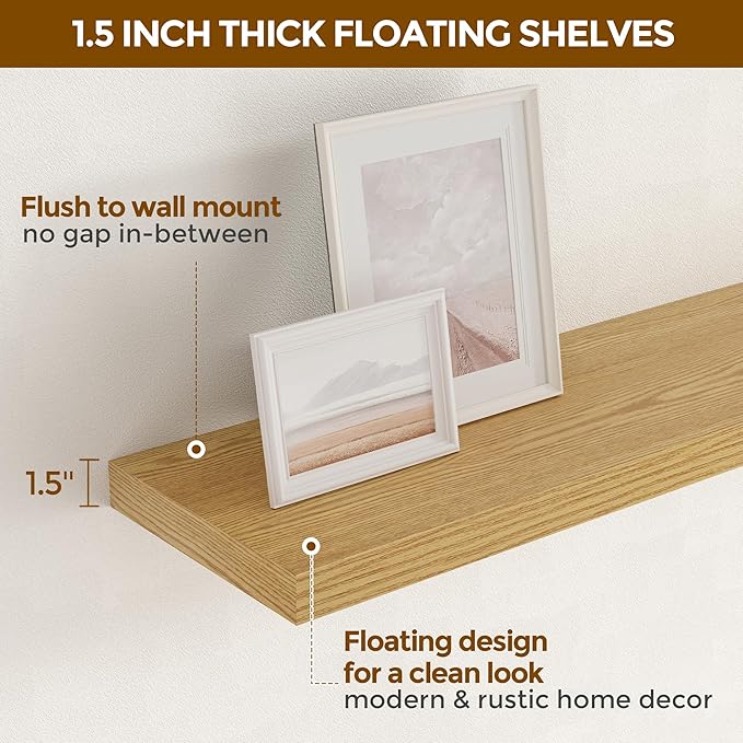 48 Inch Floating Shelves Set of 2, Rustic 48 x 9 Floating Shelf for Wall, 9 Inch Deep Bookshef Invisible Bracket, Wall-Mounted Deep Shelving for Bedroom, Kicten, Living Room, Oak Color