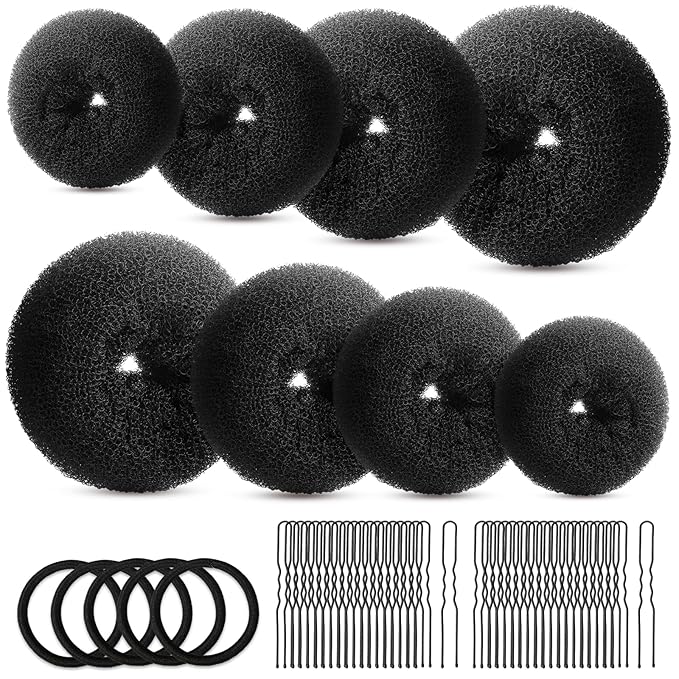 FANDAMEI Hair Bun Maker Set- 8 PCS Hair Donuts for Buns (2 Extra-large,2 Large,2 Medium and 2 Small), 40 PCS Bobby Pins, 5 PCS Hair Elastic Ties Black,Bun Maker - Black