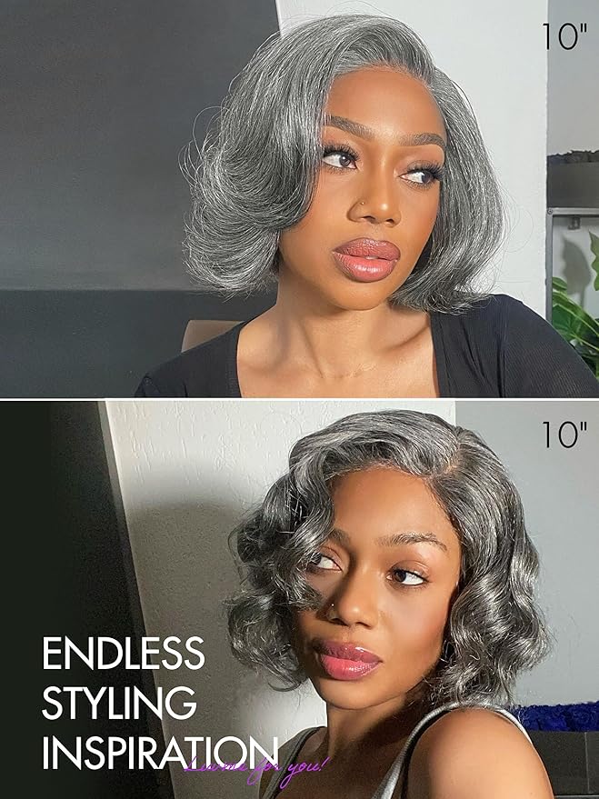LUVME HAIR Salt & Pepper Layered Bob 100% Human Hair Wig Glueless Pre-Cut Lace Wig Gray Wigs For Women Short Grey Hair Glueless 10 Inches Bob Wigs Pre Plucked Pre Cut Pixie Cut