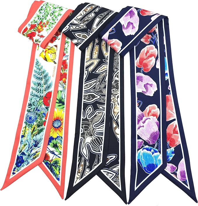Skinny Scarf 3 Pack for Women – Bag Scarf, Silk Hair Scarves (Original Prints, Premium Twill, 3 Designs)
