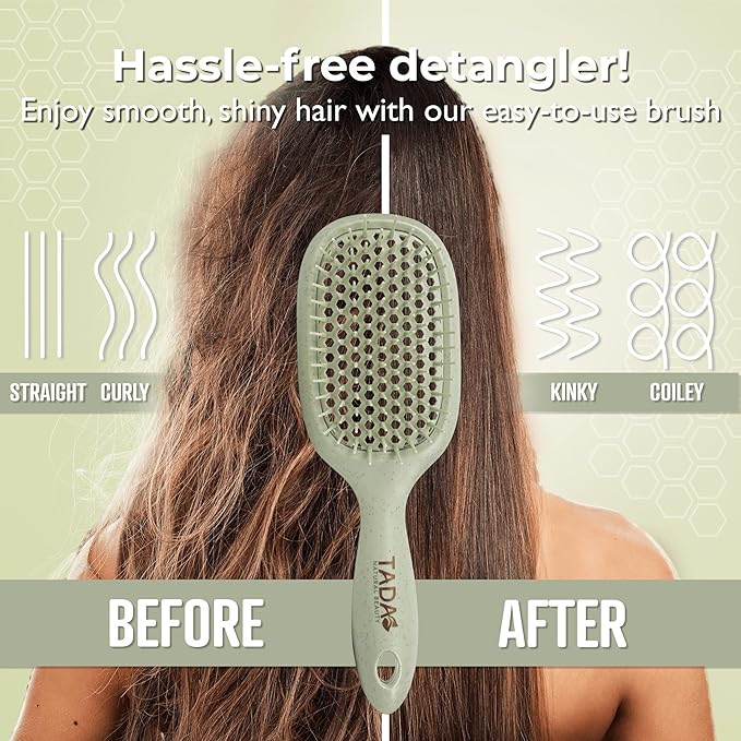 TADA Natural Beauty Hair Brush Detangler for Curly, Thick, Wavy, and Thin Hair - Ventilation Holes for Quick Drying and Styling, Detangler Brush for Women, Men, Kids (4 Colors) (Green)