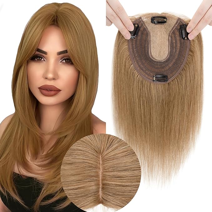Hair Toppers for Women Real Human Hair No Bangs, 13 * 15 cm Larger Silk Base 150% Density Clip In Topper Hairpieces, Wiglet Top Pieces Add Volume -10 Inch 06 Light Brown