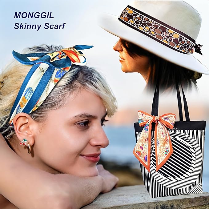 Skinny Scarf 3 Pack for Women – Bag Scarf, Silk Hair Scarves (Original Prints, Premium Twill, 3 Designs)