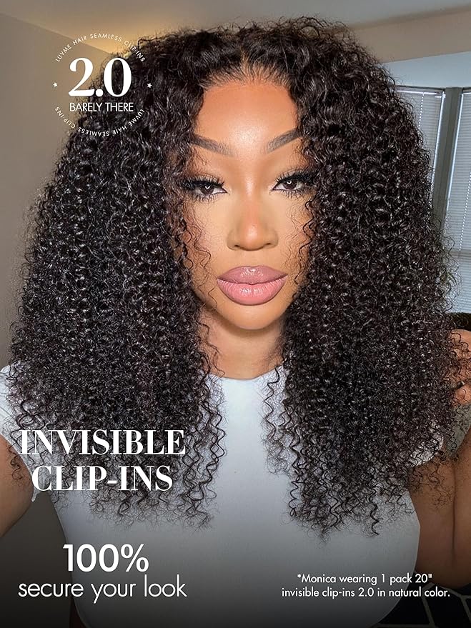 LUVME Invisible Clip ins Hair Extensions Deep Kinky Curly Real Human Hair Remy Hair Clip ins for Women, Natural Human Hair, 14 inch 110g 6Pcs, Natural Black