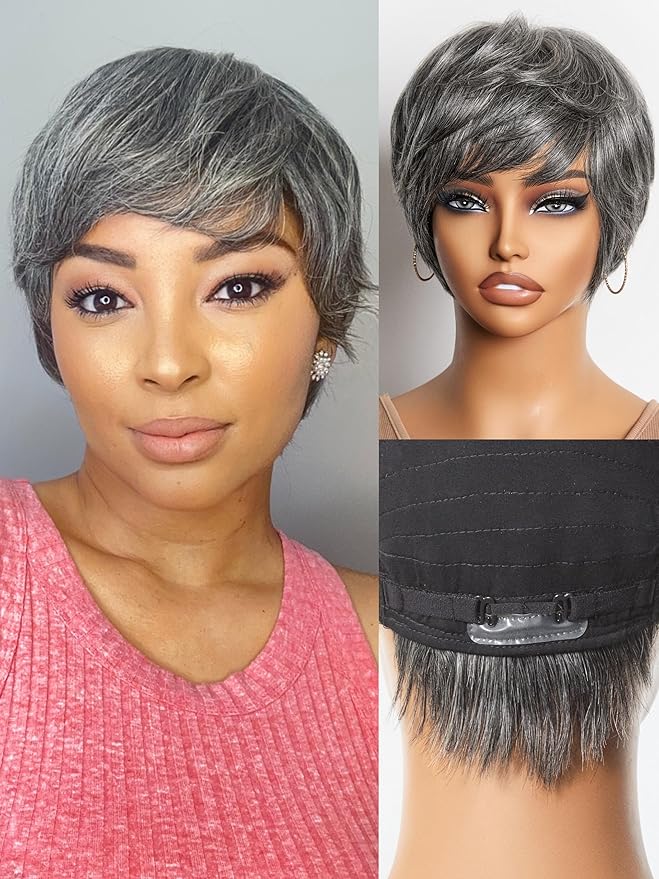 LUVME HAIR Ultra Comfort Salt & Pepper Gray Wigs Throw On & Go Short Pixie Cut with Bangs 5 Inches Skin Friendly Cotton Cap 100% Real Human Hair Glueless Wig Glueless Wig Hair Full Machine Made