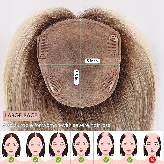 starluck Hair Toppers for Women Real Human Hair 5"*5.5"Large Coverage Gray Brown & Platinum Blonde with Bangs 100% Real Human Hairtoppers for Women with Thinning Hair Cover Gray Roots