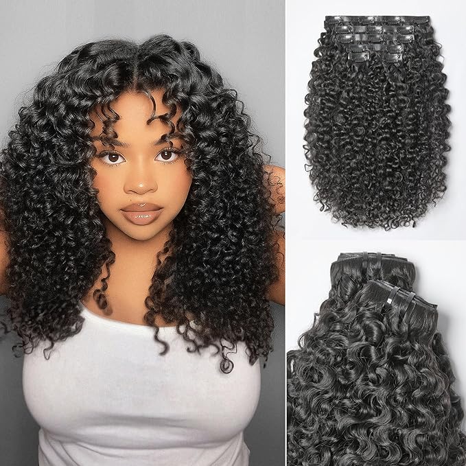 LUVME Invisible Clip in Hair Extensions 2 Pack Messy Curly Real Human Hair, Remy Hair Clip ins for Women, Natural Human Hair, 14 inch 220g 12Pcs, Natural Black