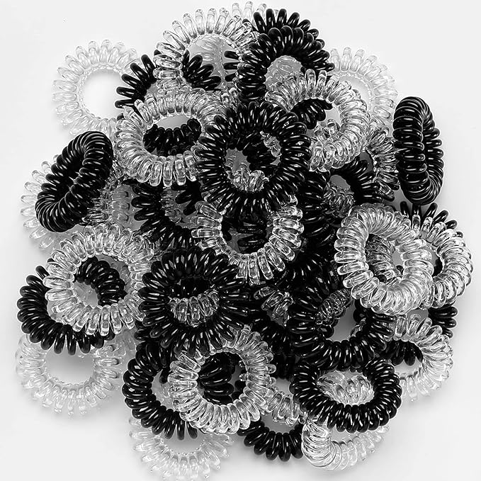 TailaiMei 30 Pcs Spiral Hair Ties, No Crease Coil Phone Cord Hair Ties for Thick Hair - Women Ponytail Holder Elastics(Black&Transparent)