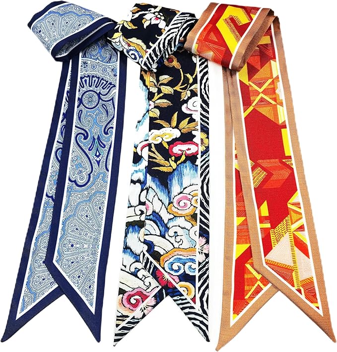 Skinny Scarf 3 Pack for Women – Bag Scarf, Silk Hair Scarves (Original Prints, Premium Twill, 3 Designs)