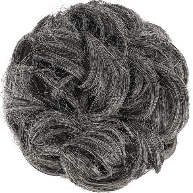 FESHFEN Messy Bun Hair Piece - Elastic Wavy Curly Hair Bun Scrunchies Extensions Synthetic Chignon Hairpieces for Women Girls, Dark Salt and Pepper 1.5 oz