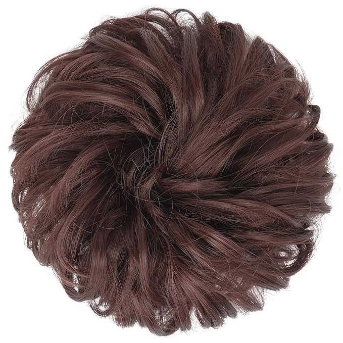 FESHFEN Messy Bun Hair Piece - Elastic Wavy Curly Hair Bun Scrunchies Extensions Synthetic Chignon Hairpieces for Women Girls, Dark Auburn 1.5 oz