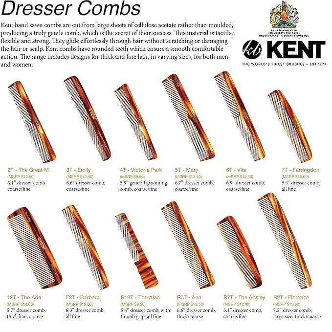 Kent 12T Tortoise Pocket Comb - Handmade Wide Tooth Hair Comb for Men, Women, and Kids - Travel, Beard, and Mustache Comb - Saw Cut and Hand Polished Made in England