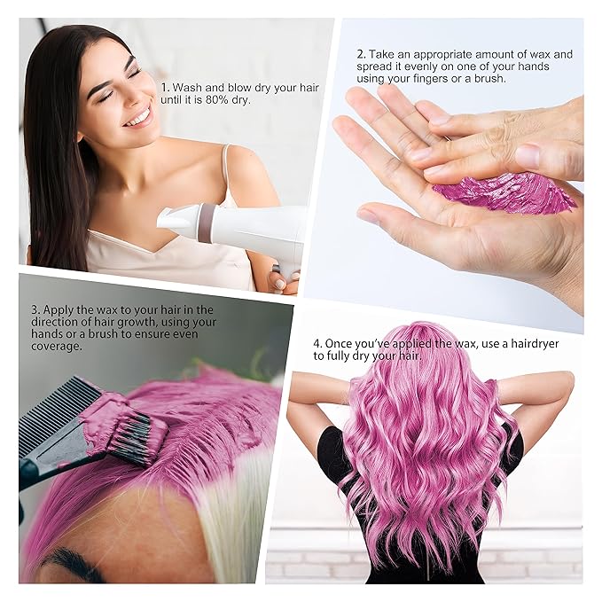 2 Pack Temporary Pink Hair Color Wax with 1 Dye Brush, Instant Natural Hairstyle Cream 4.23 oz, Disposable Coloring Mud for Men Women Youth, Washable Styling Pomades, Party Cosplay Halloween