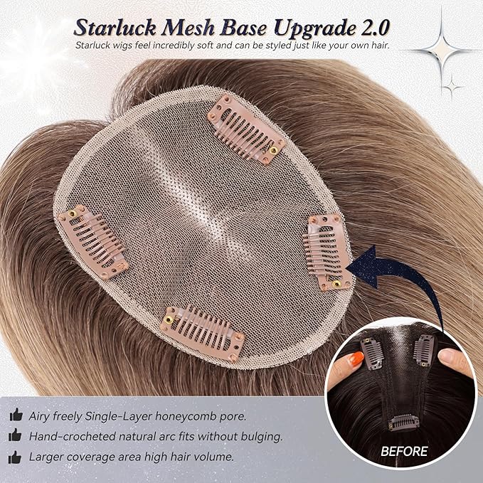 starluck Human Hair Toppers for Women with Thinning Hair, 14 Inch Real Hair Topper, Hand-moven 4.6x4 Inch SilkHug Swiss Lace Base Hairpiece, With Bangs (Ombre Light Brown)