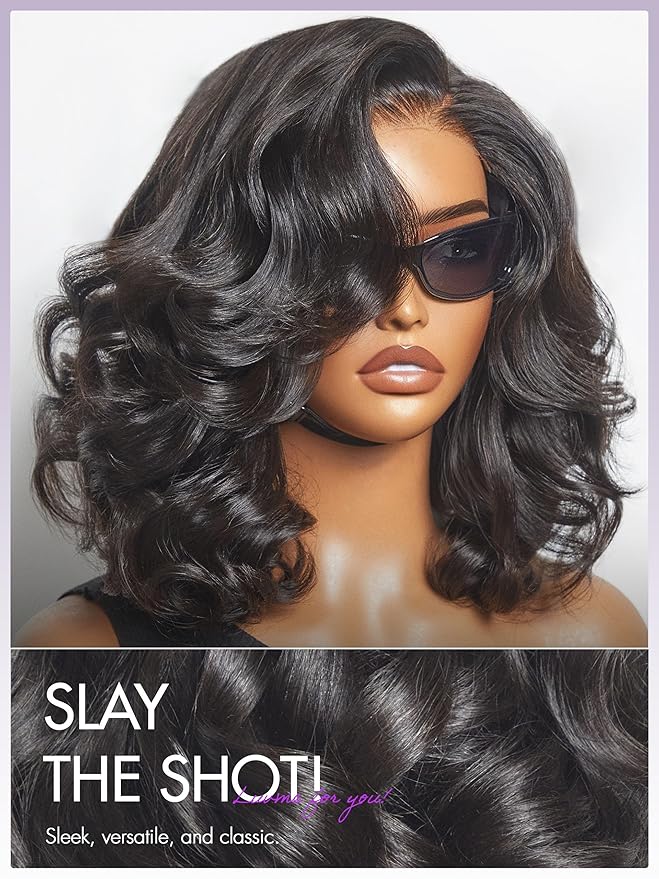 LUVME HAIR Loose Wave Bob Real 100% Human Hair Short Wigs Glueless Pre Cut Plucked Hd Lace Wig Ready To Go Natural Color Bleached Knots Side Part Black Wigs 14 Inches