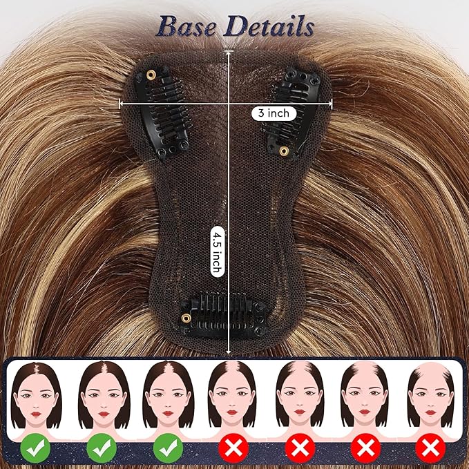 starluck Real Human Hair Toppers for Women 10 Inch Human Hair Topper no Bangs, 3 * 4.5 inches Swiss Base Suitable for ThinningHair Cover Grey Roots(Medium Brown and Honey Blonde Mix)