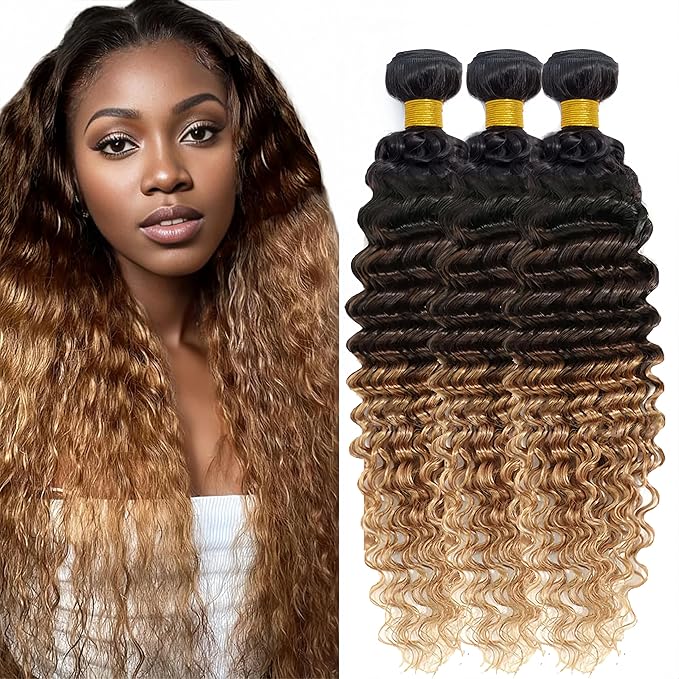 4/27 Deep Wave Bundles Human Hair Honey Blonde Bundle 16 18 20 Inch Brazilian Virgin Remy Hair Extensions Double Weft 3 Tone Brown and Blonde Deep Wave Bundles Hair Weave 300g