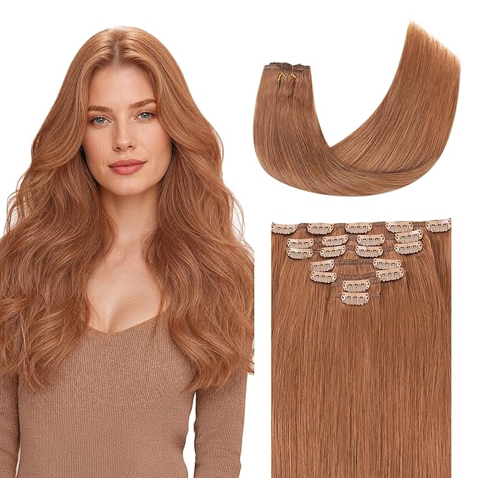 GOO GOO Clip in Hair Extensions Real Human Hair, Remy Human Hair Extensions Clip ins for Women, Natural Human Hair, 16inch 120g 7 Pcs, #330 Cinnamon Terra Copper