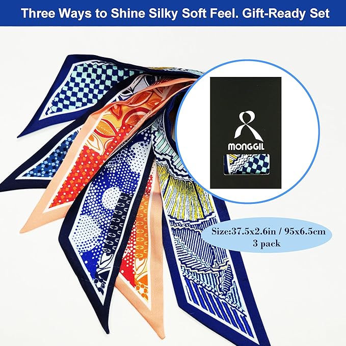 Skinny Scarf 3 Pack for Women – Bag Scarf, Silk Hair Scarves (Original Prints, Premium Twill, 3 Designs)