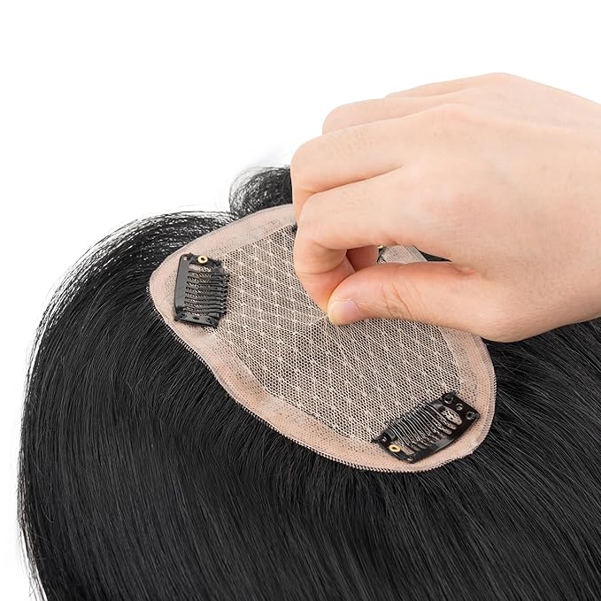 Hairro Human Hair Toppers Free Parted, 3.5x4.7" Base Hand-wovened 100% Real Hairpieces, with Invisible Clips-in for Women, for High Hairline/Adding Volume on Top, 16 Inch Jet Black