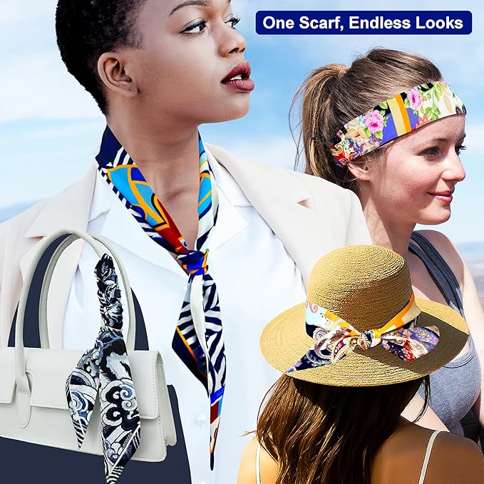 Skinny Scarf 3 Pack for Women – Bag Scarf, Silk Hair Scarves (Original Prints, Premium Twill, 3 Designs)