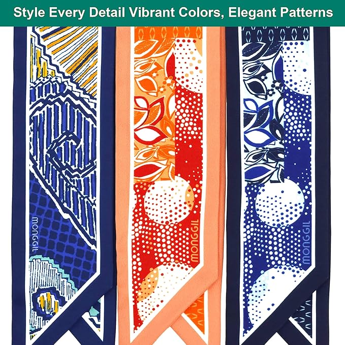 Skinny Scarf 3 Pack for Women – Bag Scarf, Silk Hair Scarves (Original Prints, Premium Twill, 3 Designs)