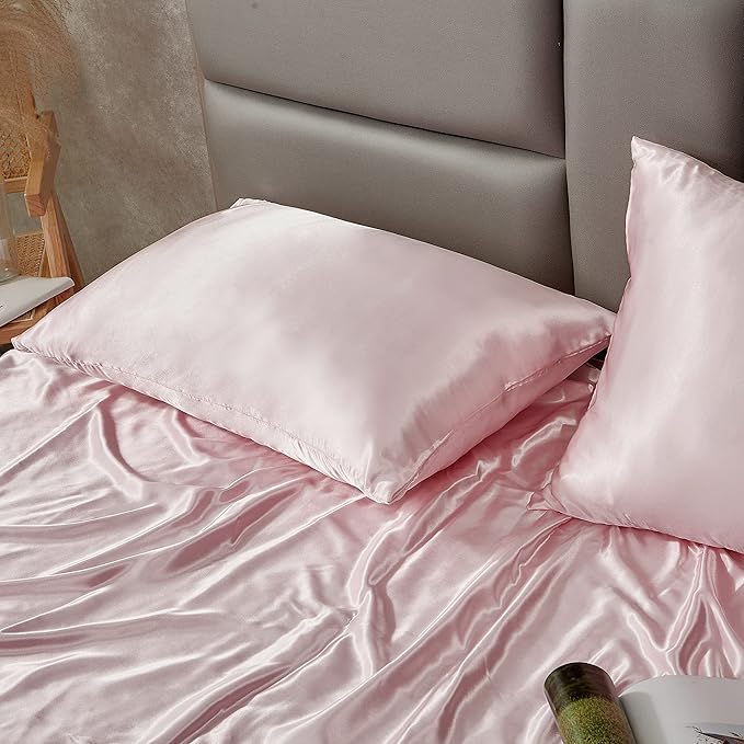 Pink Satin Pillowcase Queen Size Set of 2 for Hair and Skin,Pink Silk Pillowcase Breathable Pillowcase with Envelope Closure