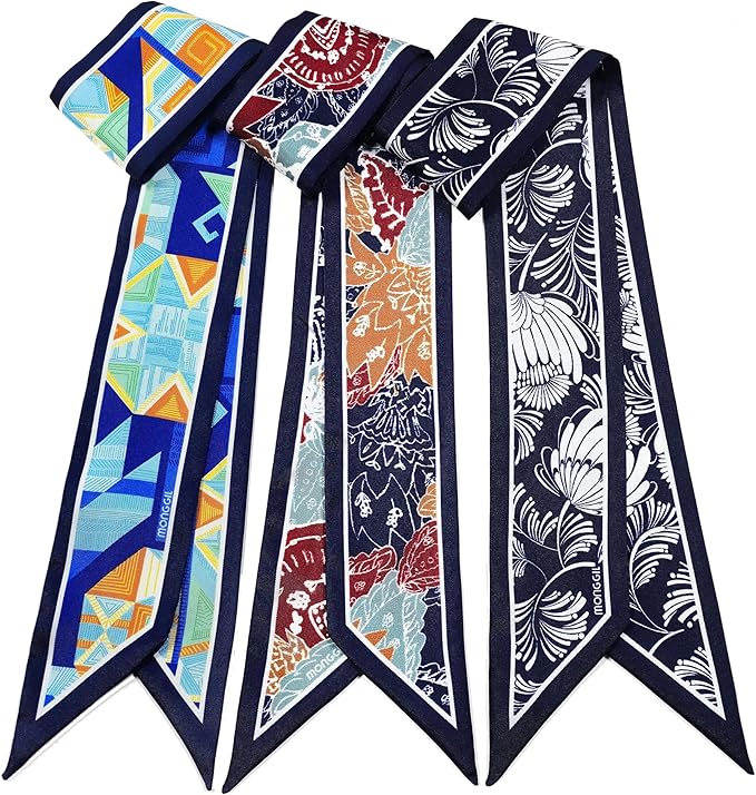 Skinny Scarf 3 Pack for Women – Bag Scarf, Silk Hair Scarves (Original Prints, Premium Twill, 3 Designs)