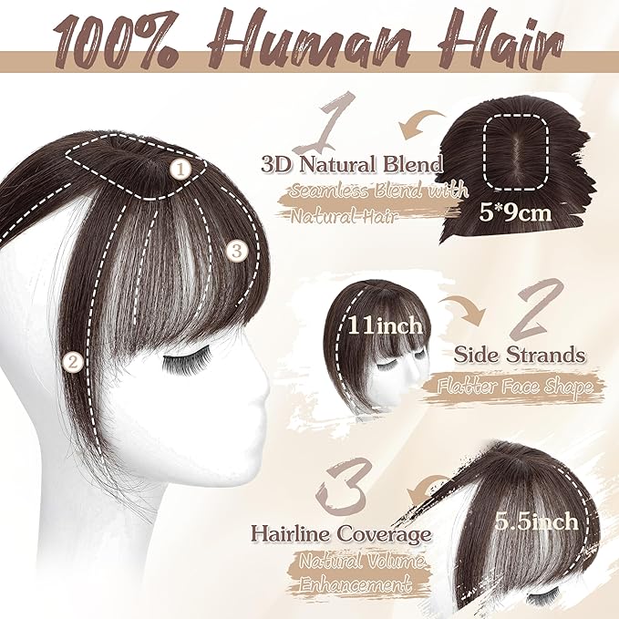 Hair Toppers for Women Real Human Hair - 360° Coverage Dark Brown Clip In Topper with Bangs for Thinning Hair Upgraded 5×9 cm Silk Base Ideal for Everyday Use