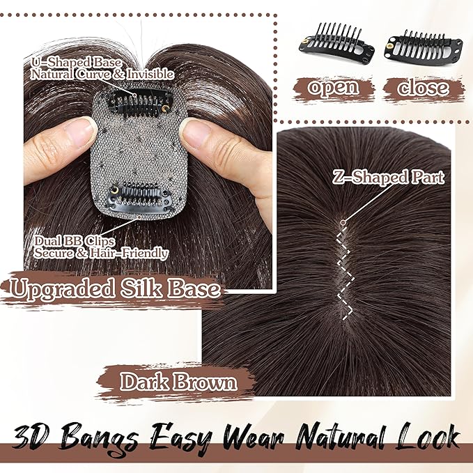Hair Toppers for Women Real Human Hair - 360° Coverage Dark Brown Clip In Topper with Bangs for Thinning Hair Upgraded 4×6 cm Silk Base Ideal for Everyday Use