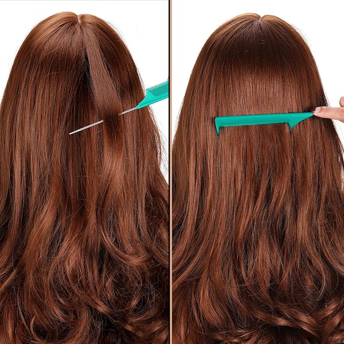 Leinuosen 3 Packs Rat Tail Comb Steel Pin Rat Tail Carbon Fiber Heat Resistant Teasing Combs with Stainless Steel Pintail (Yellow, Pink, Green)