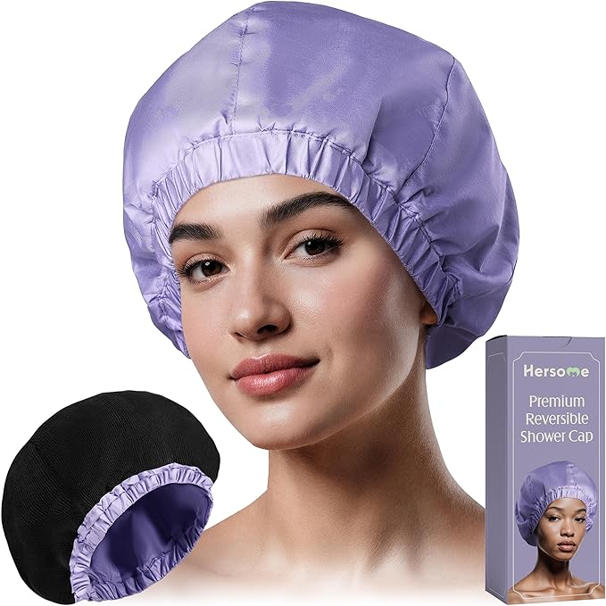 Premium Shower Cap for Women - 1000+ Showers, 100% Waterproof, Double-Sided, Large Shower Cap For Long Hair & Great For Curls (Anti-Frizz Terry Cloth Lining) (Lilac)