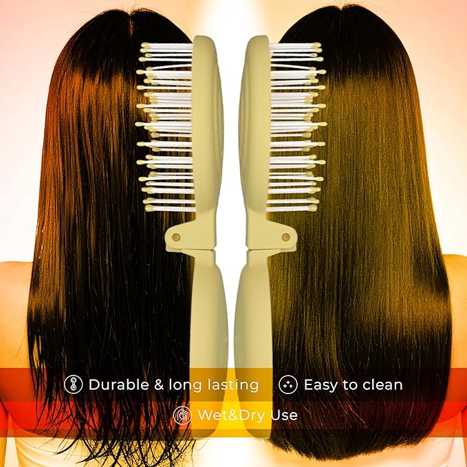 Mini Detangler Travel Hair Brush with Mirror, Makaron Brushes for Women, Men and Kids, Unique 3D Flexible Design for All Hair Types, Styling Accessory, Travel Essentials for Women. (FALL GREEN)