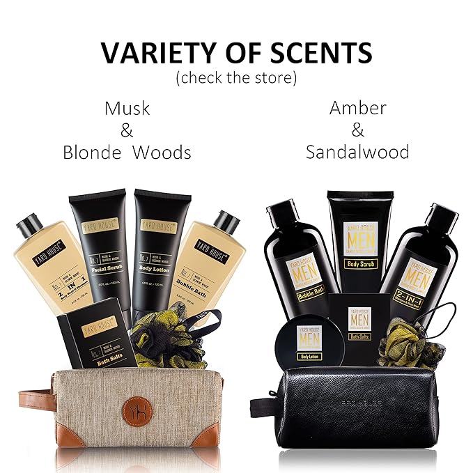 Bath and Body Spa Gift Baskets Set for Men - Sandalwood Amber - 7Pc Full Size Spa Kit in Toiletry Bag - Fathers Day Gifts For Husband, Dad From Wife, Daughter Son, Birthday Gifts For Him