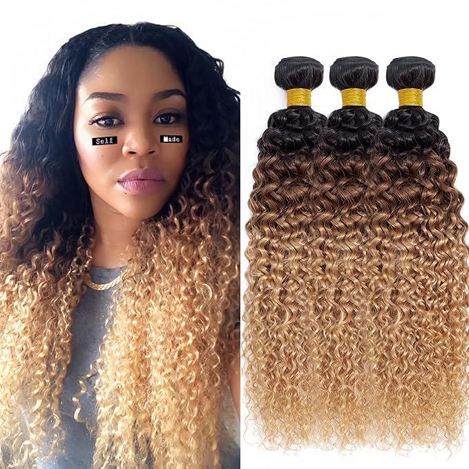 28 30 32 Inch Ombre Human Hair Bundles 1B427 Kinky Curly Bundles Niegmeag Virgin Remy Hair Extensions Double Weft 3 Tone Brown and Honey Blonde Kinky Curly Bundle