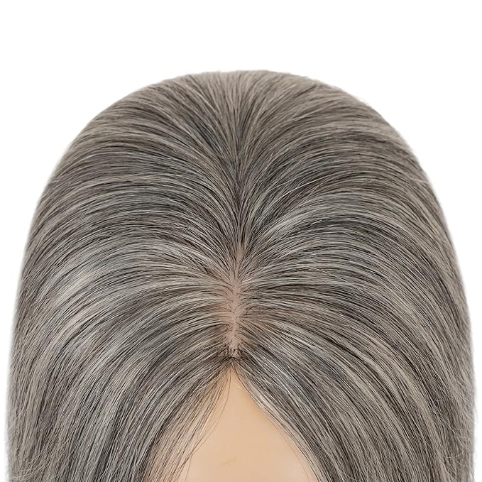 Hairro Human Hair Toppers Free Parted, 3.5x4.7" Base Hand-wovened 100% Real Hairpieces, with Invisible Clips-in for Women, for High Hairline/Adding Volume on Top, 12 Inch Dark Grey Mix Silver
