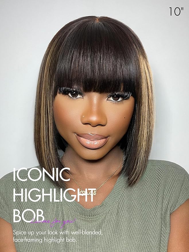 LUVME HAIR 12 Inch Blonde Highlight Bob Human Hair Wig with Bangs Glueless HD Lace Bang Wig True Scalp Ready to Go Silky Straight Highlight Human Hair Short Wig with Bangs (Breathable Cap)