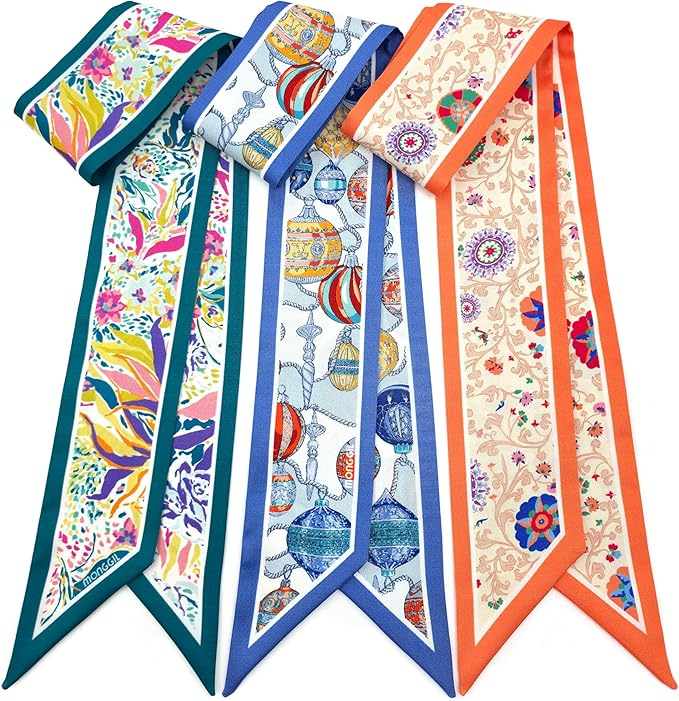 Skinny Scarf 3 Pack for Women – Bag Scarf, Silk Hair Scarves (Original Prints, Premium Twill, 3 Designs)